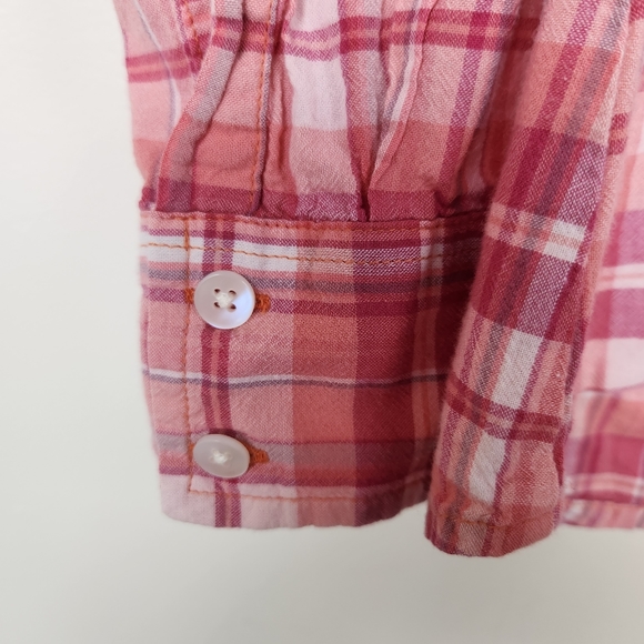 Prana Pink Orange Plaid Roll Tab Sleeve Button Down Shirt Top Sz L - Picture 4 of 7